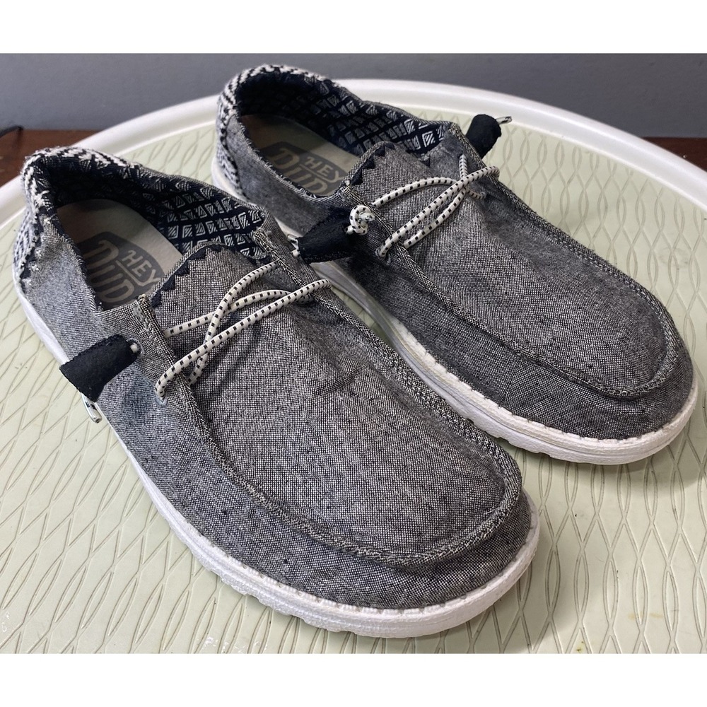 Hey Dude Wendy Chambray Woven Onyx Gray Loafers Women's Slip-On Casual Shoes 9